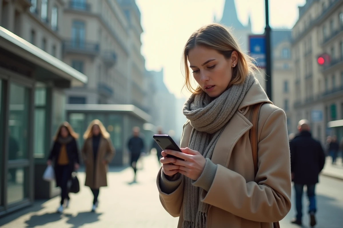 Jeune femme dans un quartier urbain avec tram et smartphone