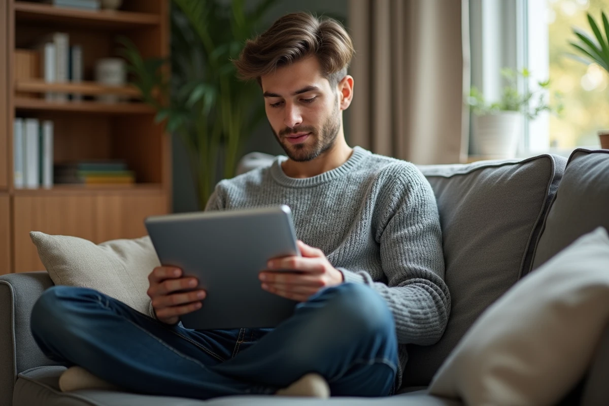Jeune homme suivant une formation professionnelle en ligne sur tablette depuis son domicile dans un cadre détendu