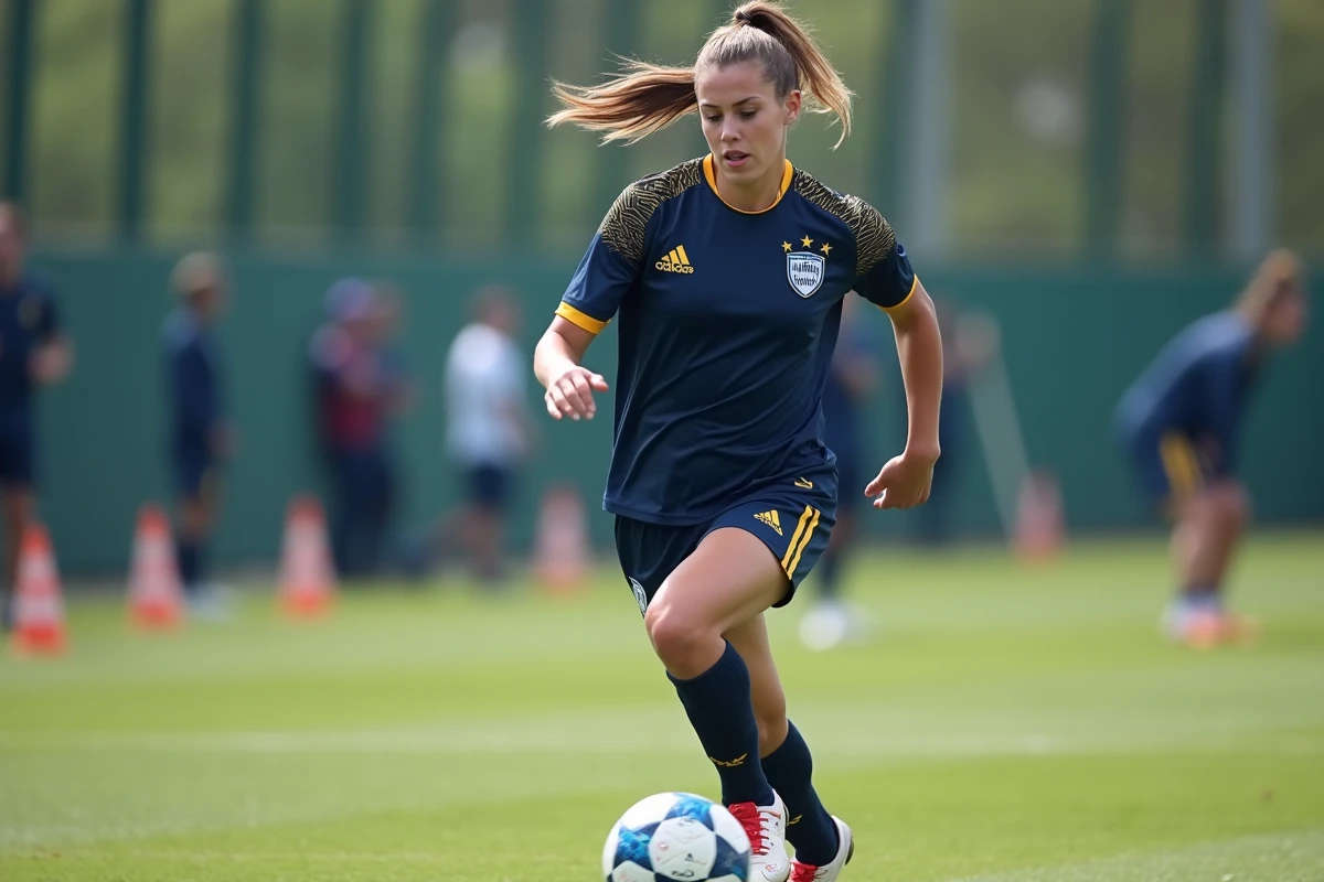 Joueuse de football féminin élite en pleine course avec ballon lors d'une séance d'entraînement professionnel