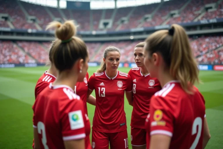 Joueuses de football féminin professionnel formant un cercle de cohésion avant un match dans un grand stade moderne