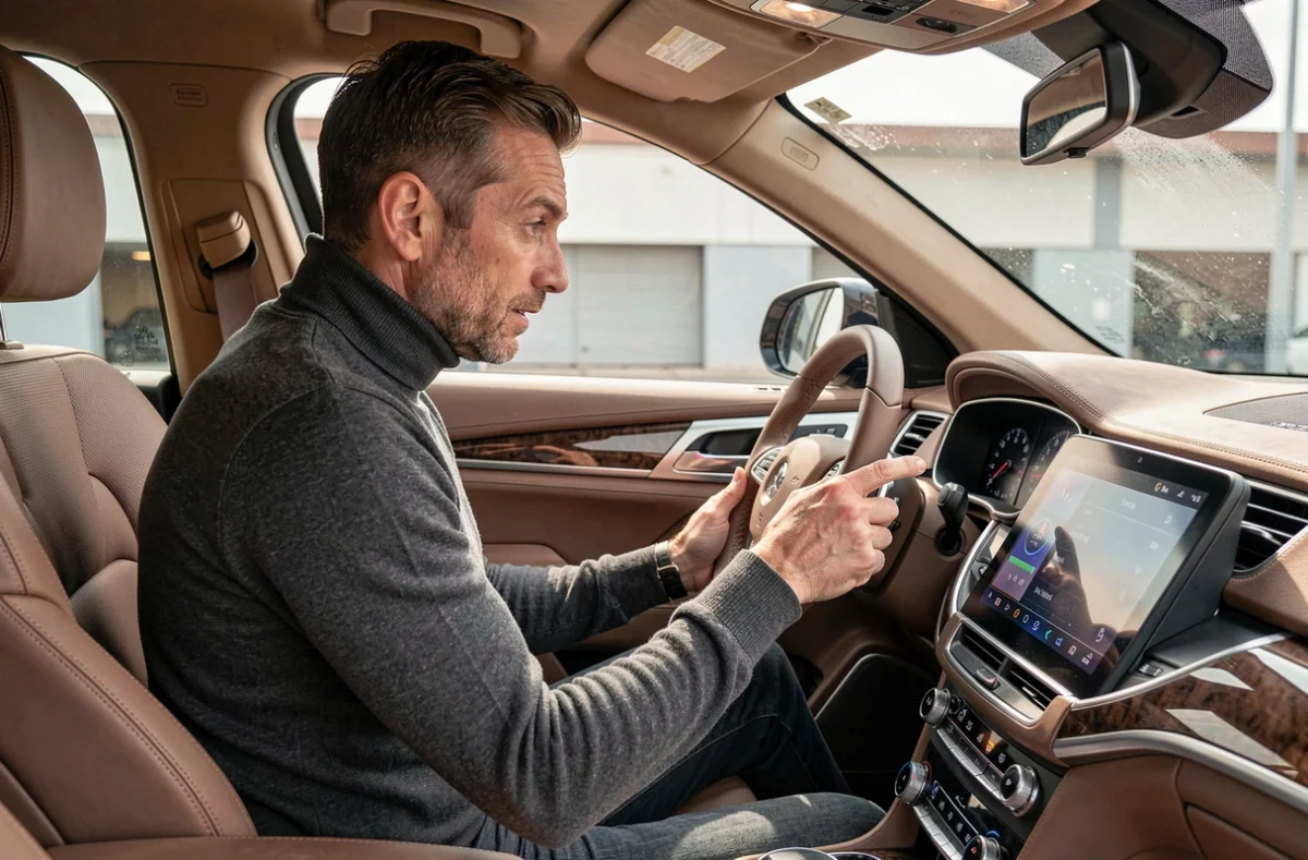 Journaliste automobile masculin examinant le tableau de bord numérique d'un SUV haut de gamme à l'intérieur du véhicule
