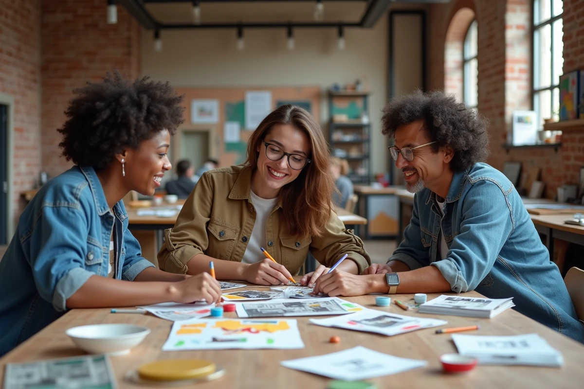 Groupe d'adultes collaborant sur un projet de collage artistique dans un atelier communautaire créatif, loisirs innovants en groupe