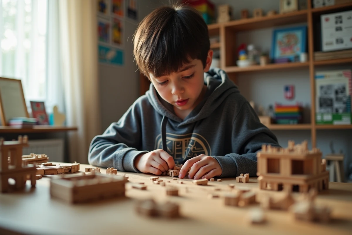 Adolescent concentré assemblant une maquette en bois dans sa chambre, loisir créatif manuel pour les jeunes