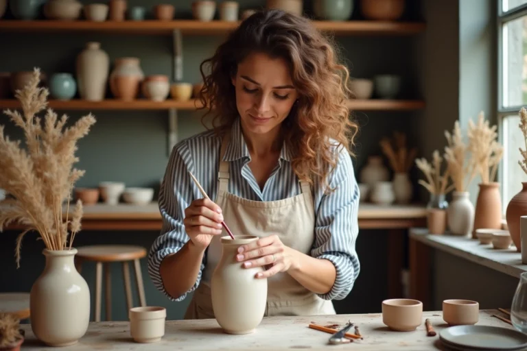 Femme adulte peignant un vase en céramique dans un atelier créatif fait maison, entouré de poteries colorées et de matériaux artistiques