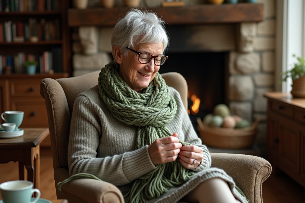 Femme âgée tricotant une écharpe colorée dans un salon chaleureux, activité créative et relaxante pour les seniors