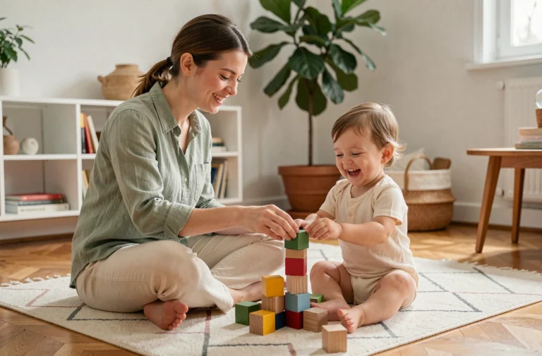 Mère et enfant en bas âge jouant ensemble avec des jouets en bois sur un parquet chaleureux dans un intérieur scandinave