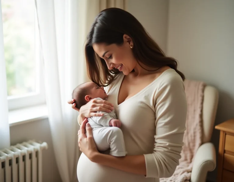Jeune mère tenant tendrement son nouveau-né dans une chambre de bébé cosy aux tons chauds