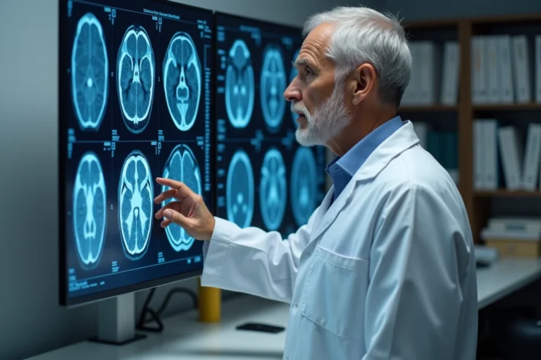 Neurologue examinant des images IRM cérébrales pour diagnostiquer une leucopathie vasculaire Fazekas 2