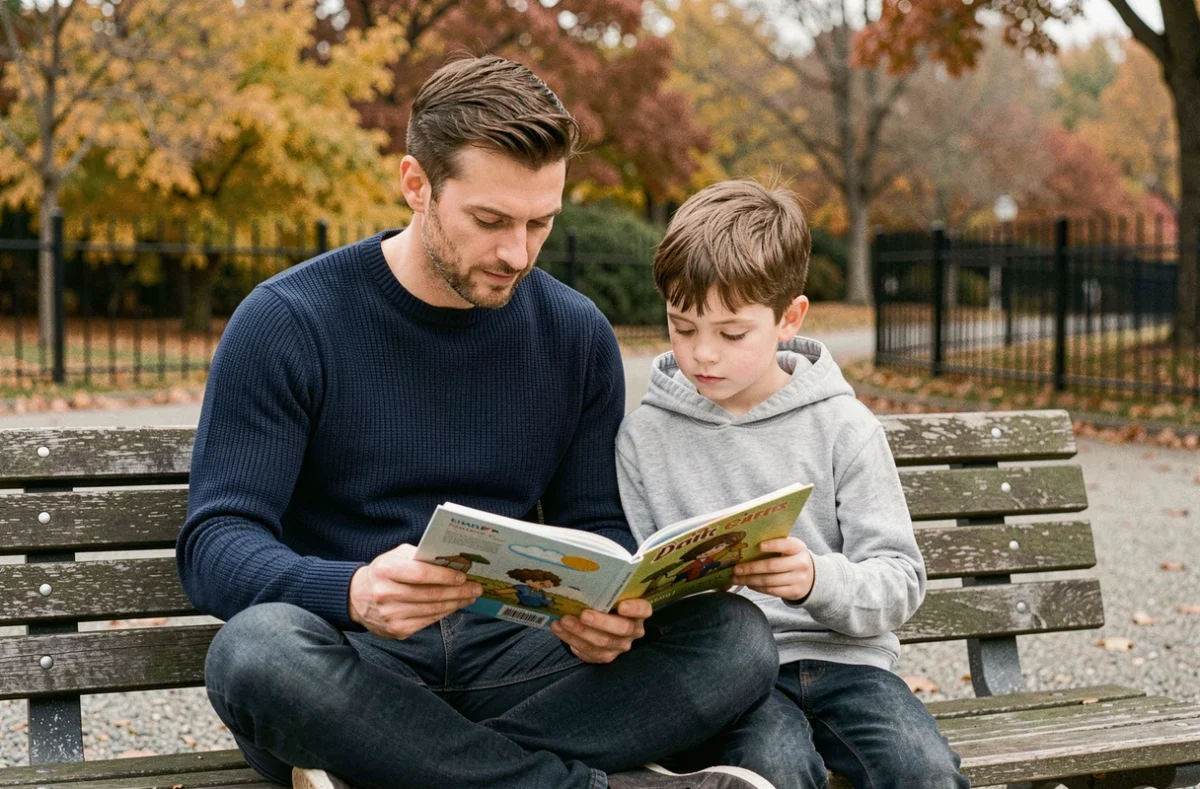 Père et fils lisant ensemble un livre illustré sur un banc de parc en automne, illustrant la parentalité bienveillante au quotidien