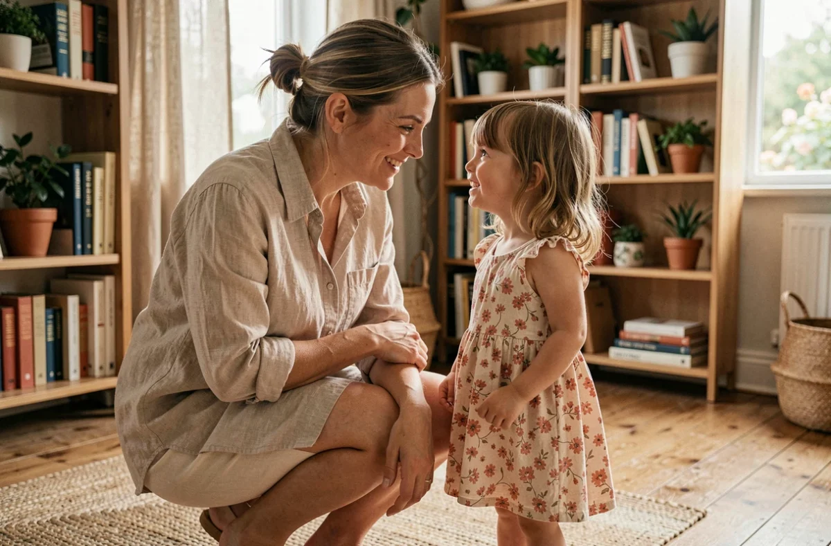 Mère bienveillante accroupie à hauteur de sa fille pour une communication positive et empathique dans un salon chaleureux