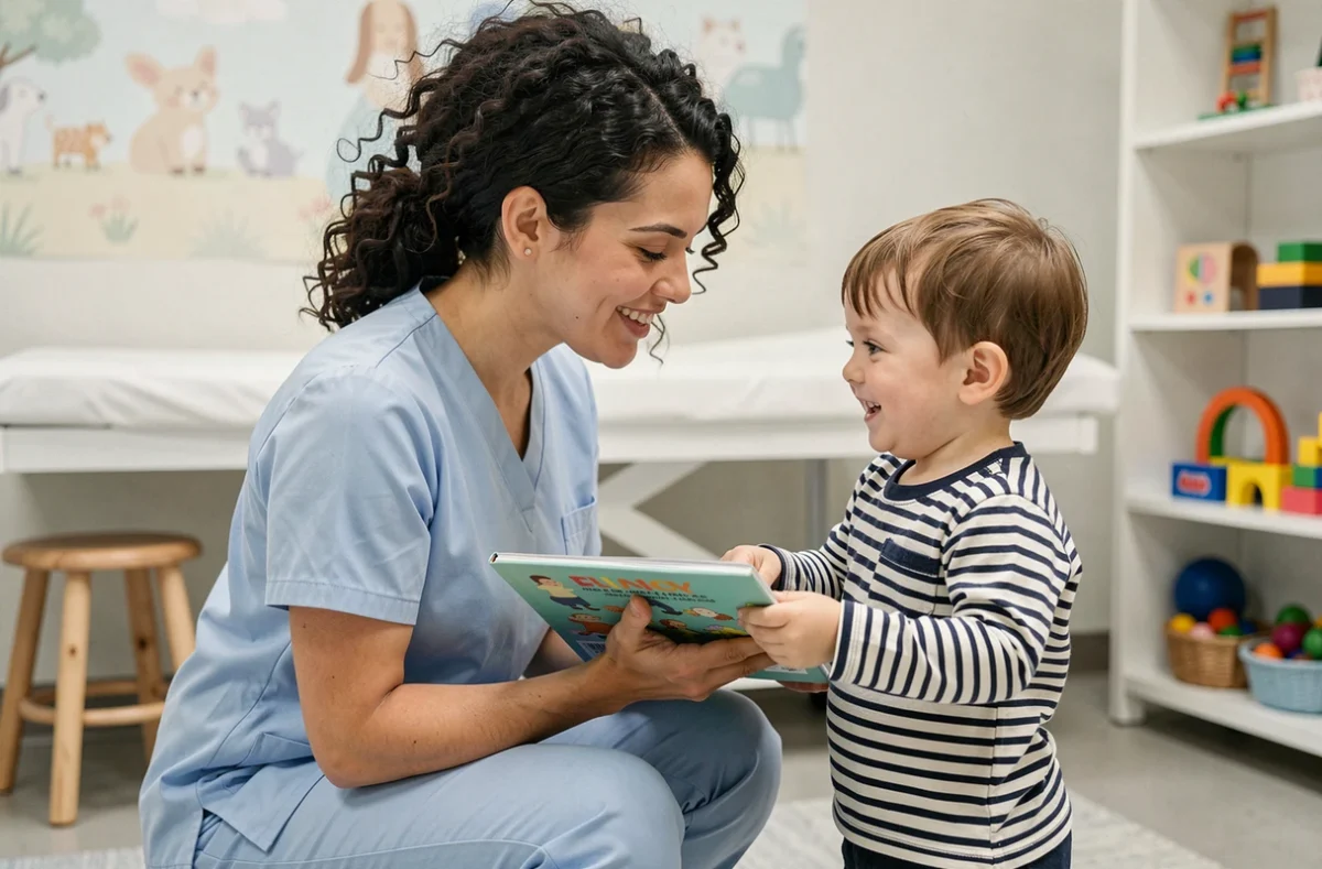 Pédiatre souriante interagissant avec un jeune enfant dans une clinique pédiatrique moderne et lumineuse