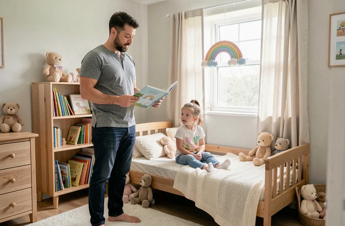 Père lisant un livre illustré à sa fille dans une chambre d'enfant cosy et bien décorée avec des meubles en bois naturel