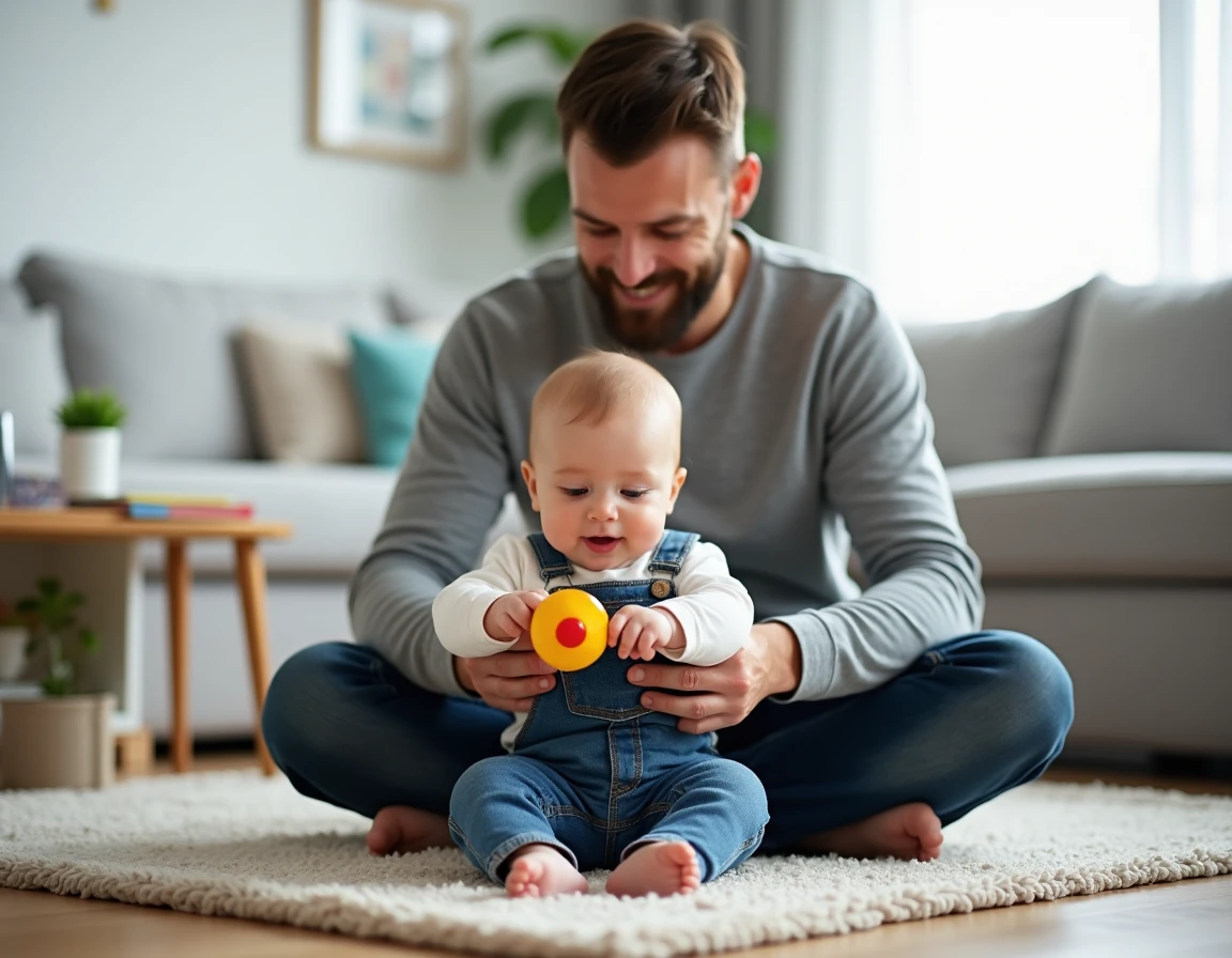 Père jouant avec son bébé de six mois sur un tapis d'éveil dans un salon moderne