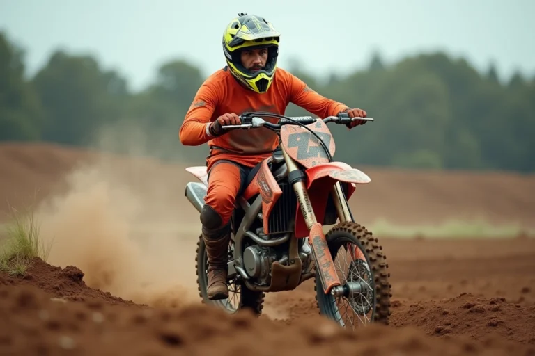 Pilote de motocross en équipement complet accroupi près de sa moto sur un circuit de terre