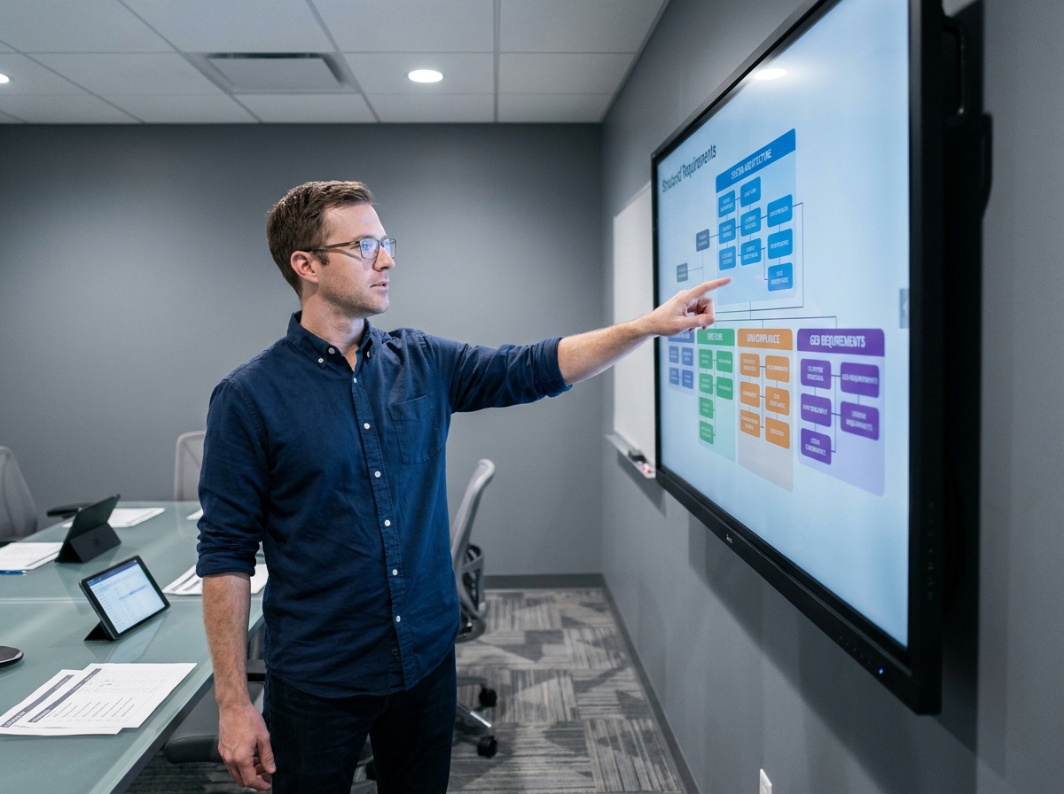 Chef de projet présentant un diagramme de besoins GED sur écran tactile lors d'une réunion d'entreprise