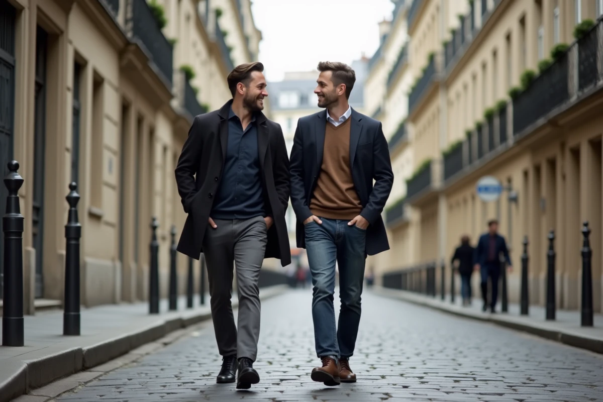Deux hommes se promenant dans une rue pavée de Paris, partageant un moment de complicité au quotidien
