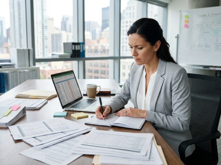 Professionnelle rédigeant un cahier des charges GED entourée de documents imprimés dans un bureau moderne
