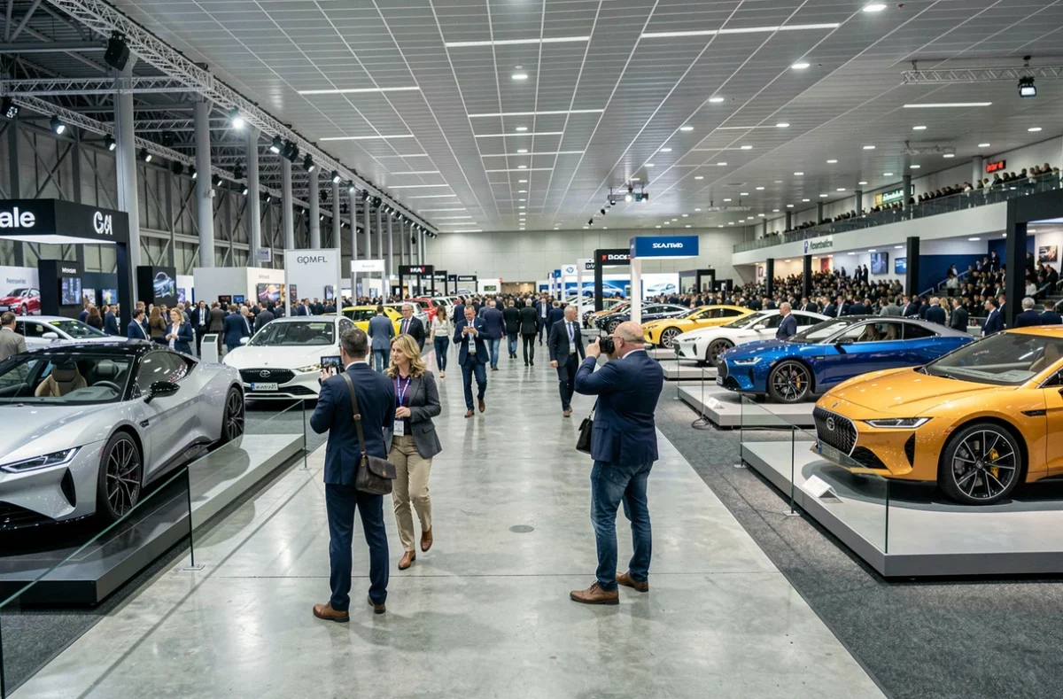 Salon international de l'automobile avec visiteurs admirant des véhicules concept et des modèles de production exposés