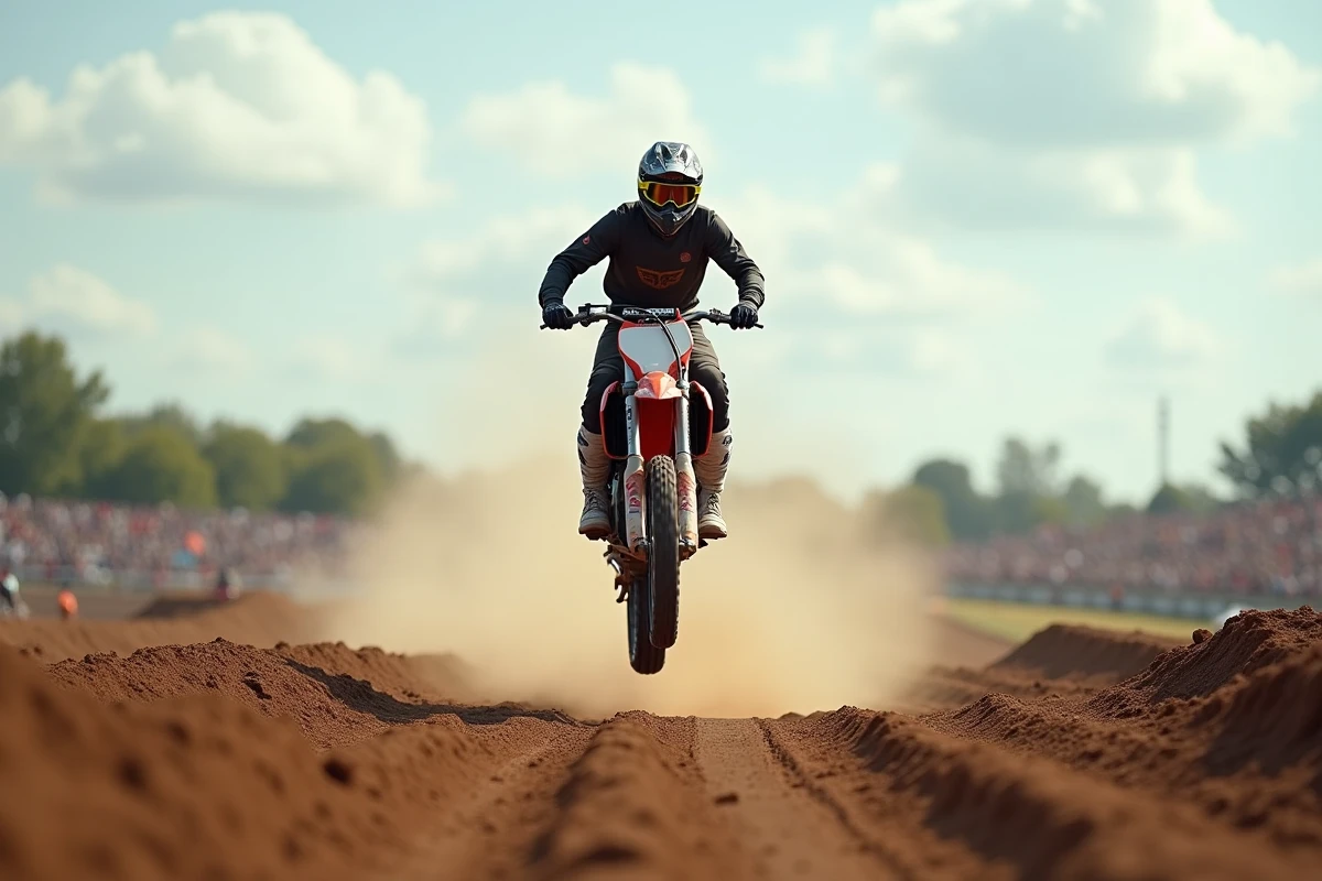 Pilote de motocross en plein saut sur un circuit extérieur, moto en l'air dans une position d'attaque