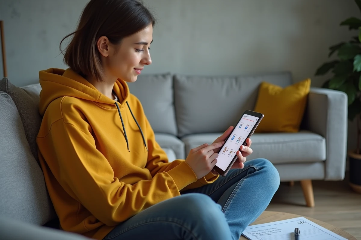 Personne envoyant des documents numérisés à Pôle emploi en ligne depuis une tablette sur un canapé