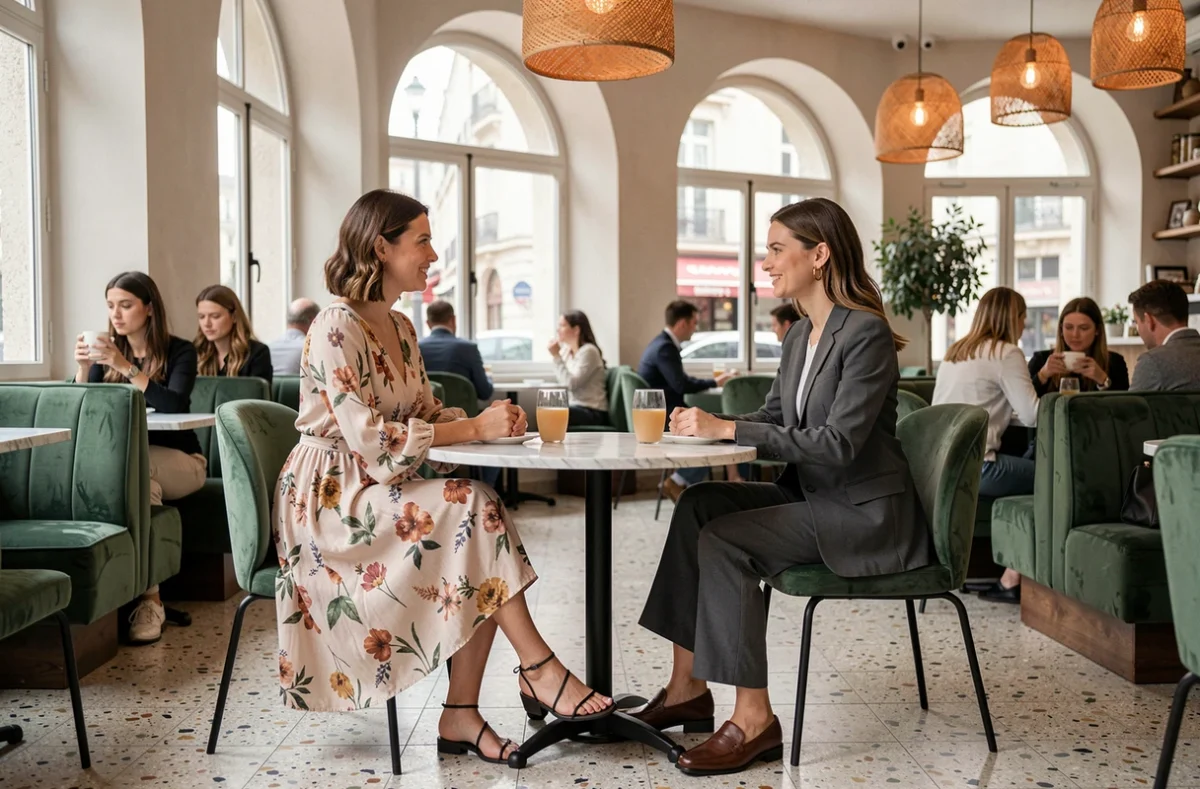 Deux femmes aux styles mode 2024 contrastés discutant dans un café parisien tendance
