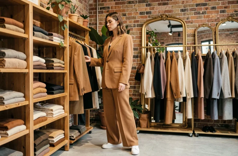 Femme élégante en blazer camel oversize feuilletant des vêtements dans une boutique parisienne tendance 2024