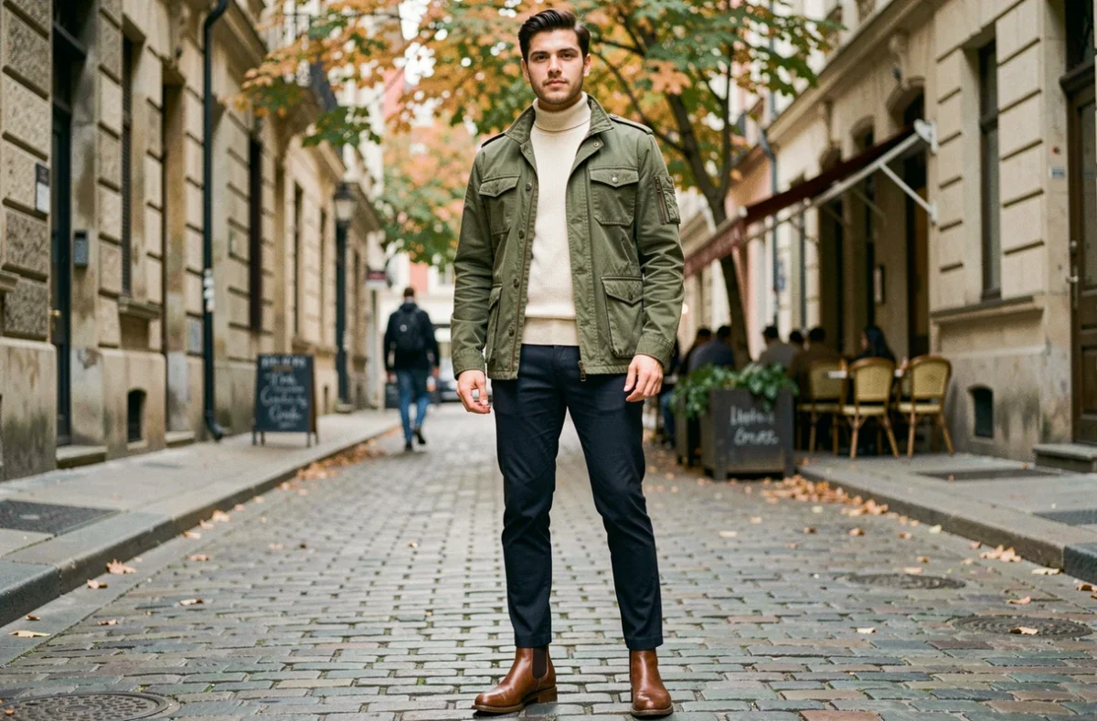 Homme tendance en veste utilitaire olive dans une rue pavée européenne en automne 2024