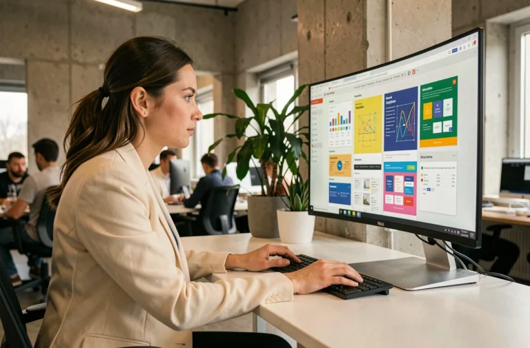 Développeuse web analysant des tendances de design UI sur un écran ultrawide dans un bureau moderne en 2024