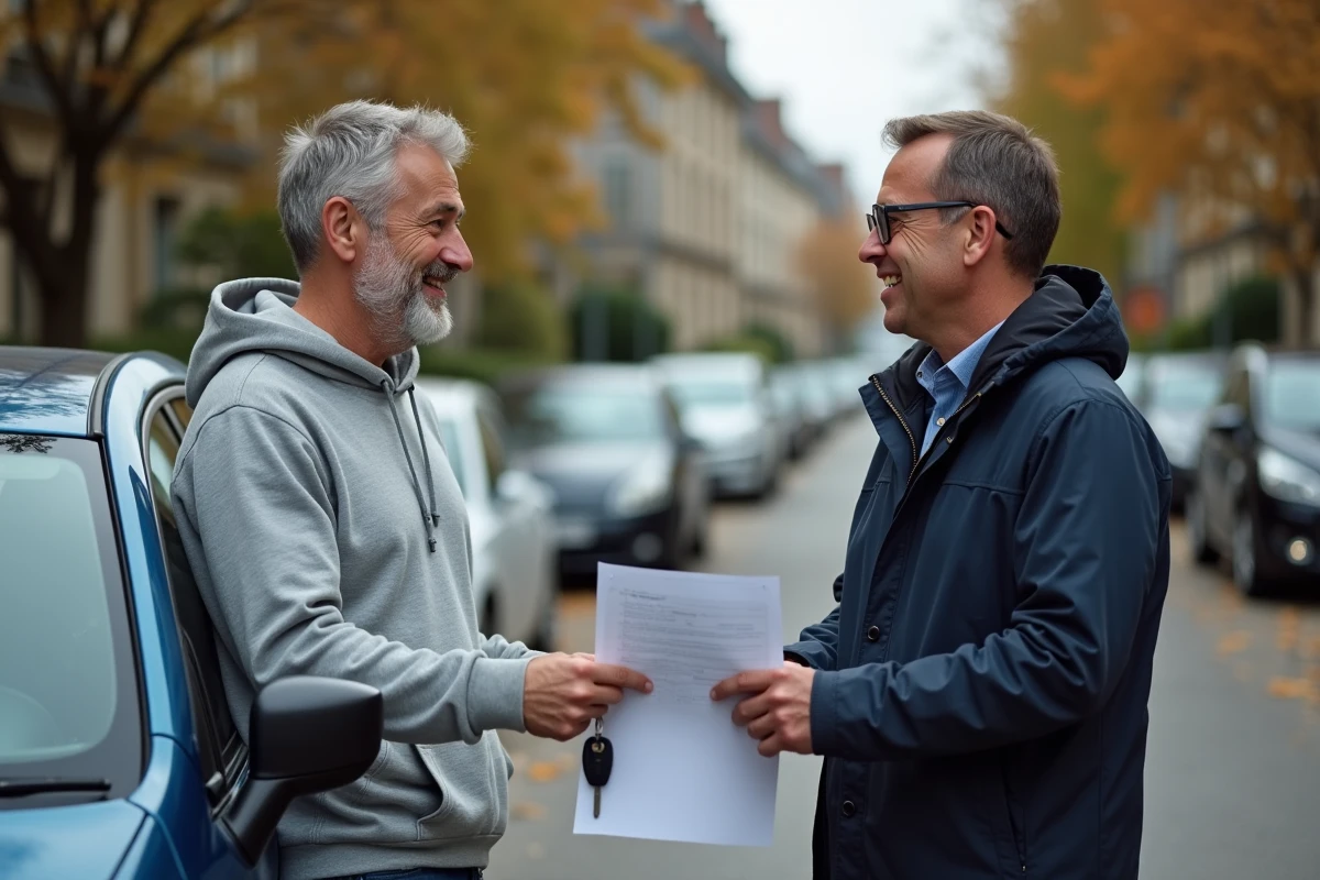 Deux hommes finalisant la vente d'une voiture d'occasion entre particuliers dans une rue résidentielle