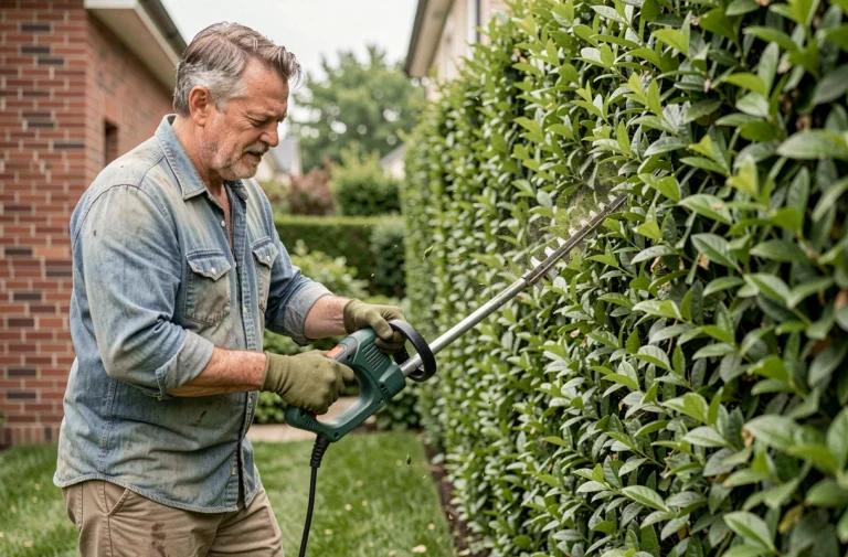 Homme en train de tailler une haie avec un taille-haie électrique filaire dans un jardin suburban en été