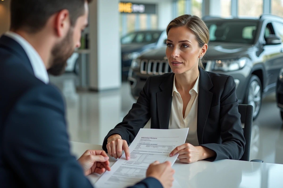 Femme vérifiant les documents d'une voiture d'occasion avec un vendeur dans une concession automobile