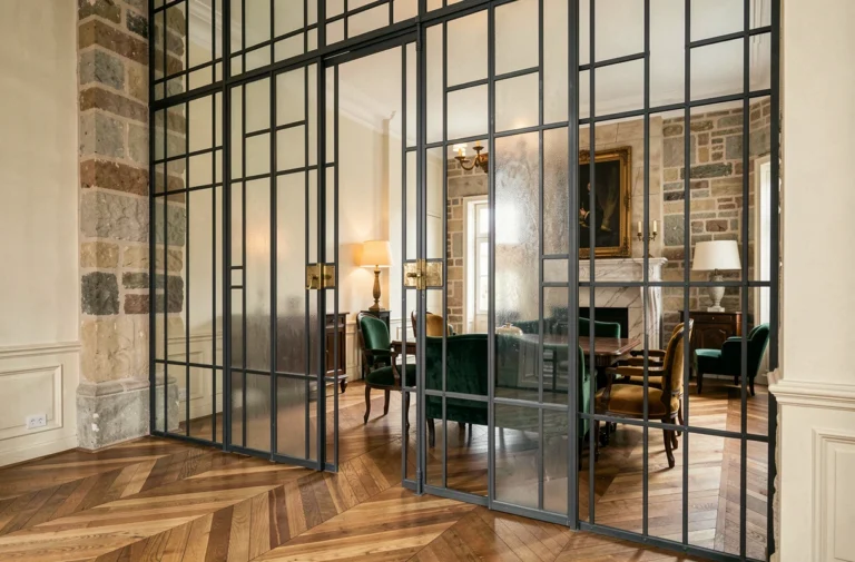 Verrière Art Déco en acier noir séparant un salon et une salle à manger dans un appartement haussmannien avec parquet en chevrons